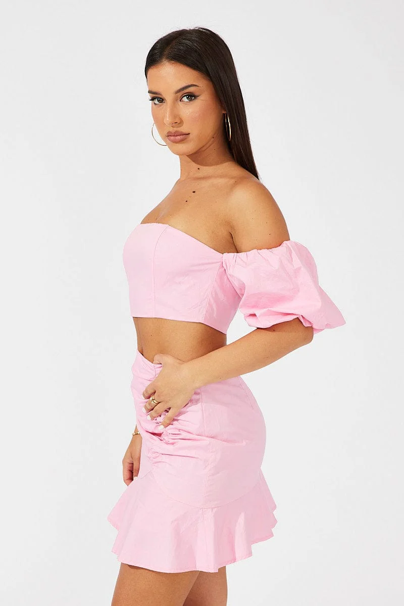 Pink Mini Skirt Ruched Detail Ruffle Hem