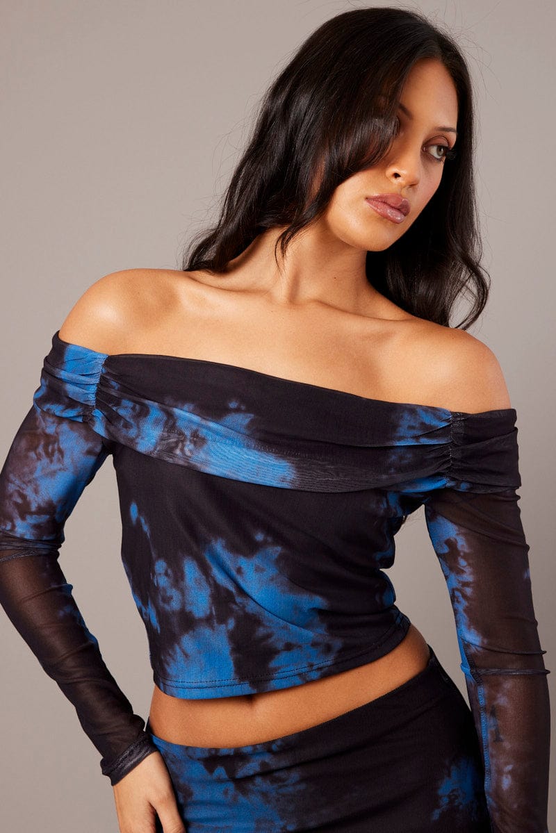Blue Abstract Off Shoulder Top Long Sleeve Mesh