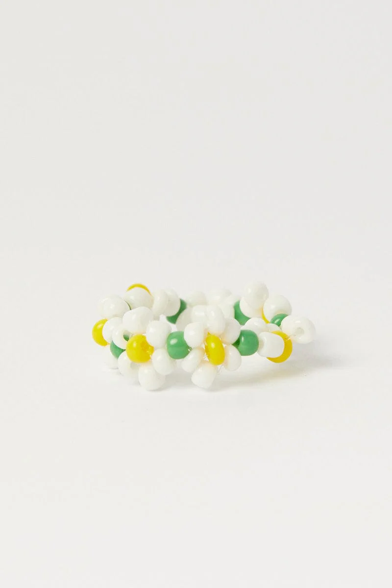 White Floral Beads Elastic Rings