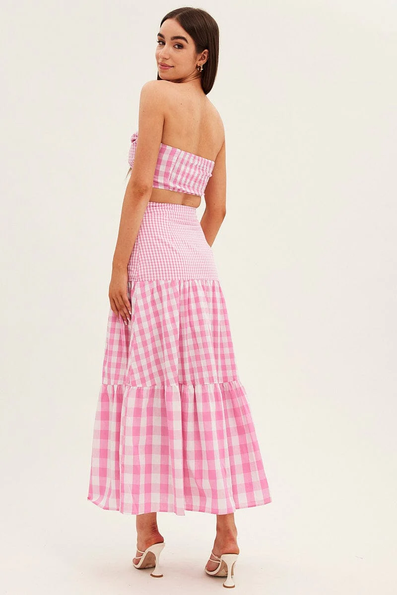 Check Maxi Skirt High Rise Tiered