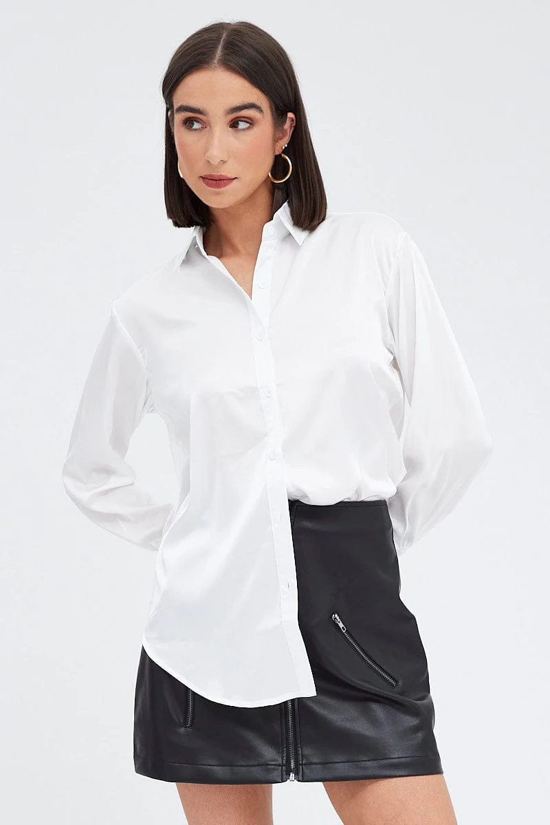 White Satin Shirt Long Sleeve Collared Neck