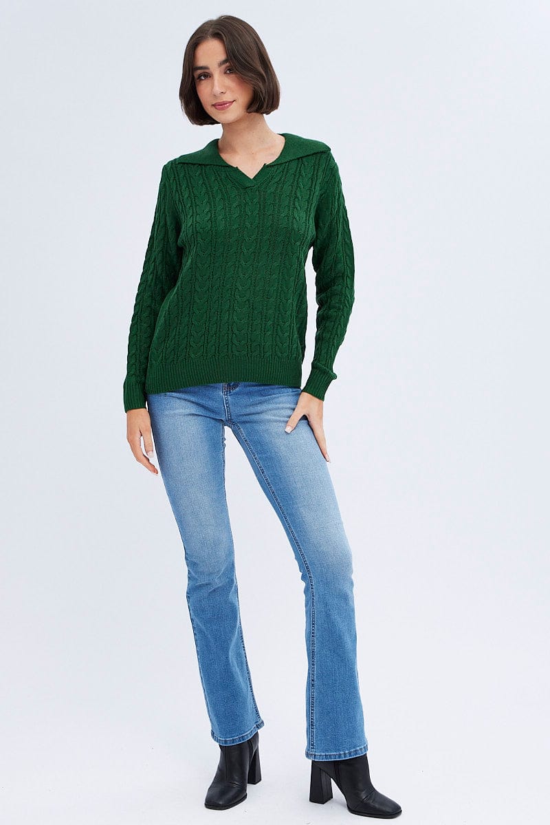 Green Knit Top Long Sleeve Collared Cable