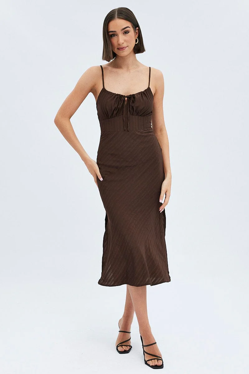 Brown Maxi Dress Sleeveless Ruched Bust Self Check