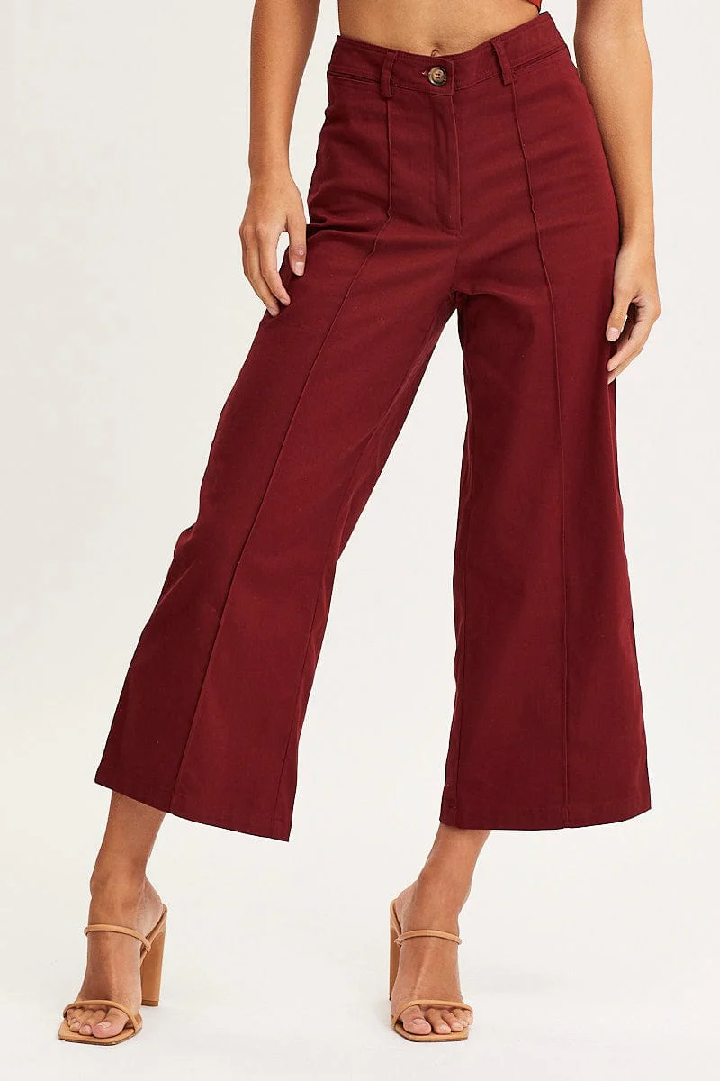 Red Cropped Pants Wide Leg High Waist