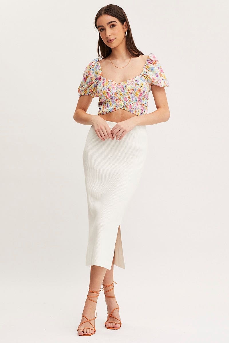 Print Puff Sleeve Top Short Sleeve Crop
