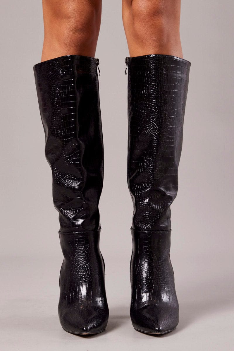 Black Heeled Knee High Boots in Croc
