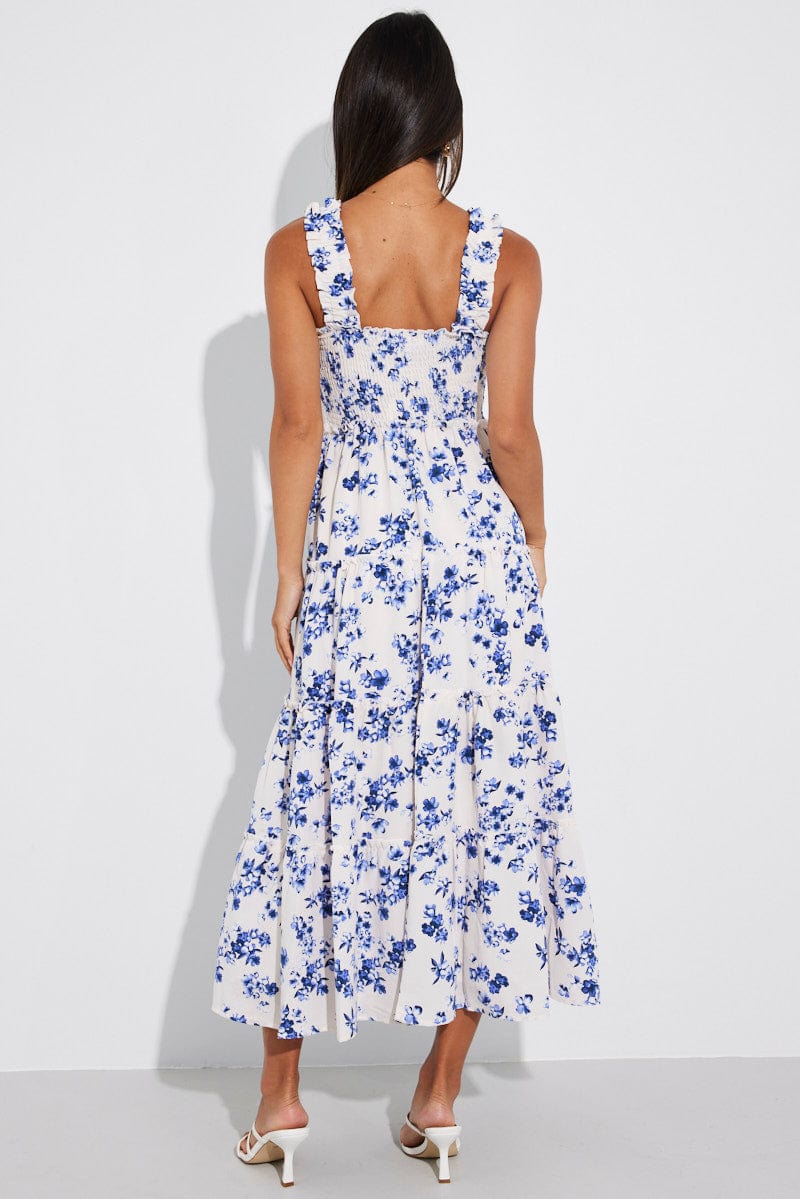 White Floral Maxi Dress Shirred Bust Tiered