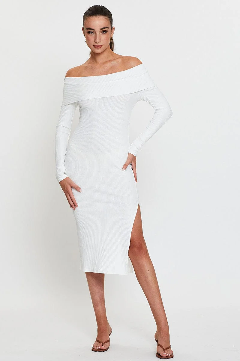 White Midi Dress Off Shoulder Long Sleeve