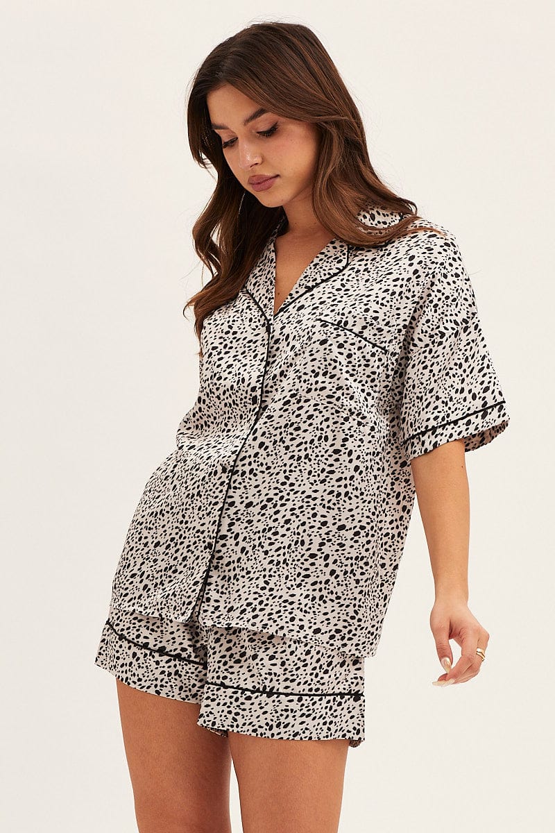 Print Satin Short Sleeve Top & Shorts Pj Set