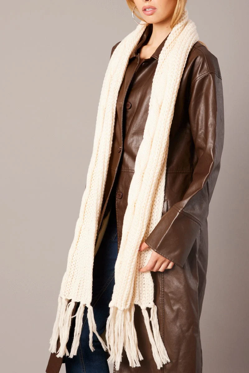 White Knit Scarf with Tassel