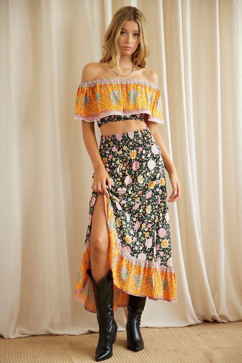 Boho Print High-Low Button Front Midi Skirt