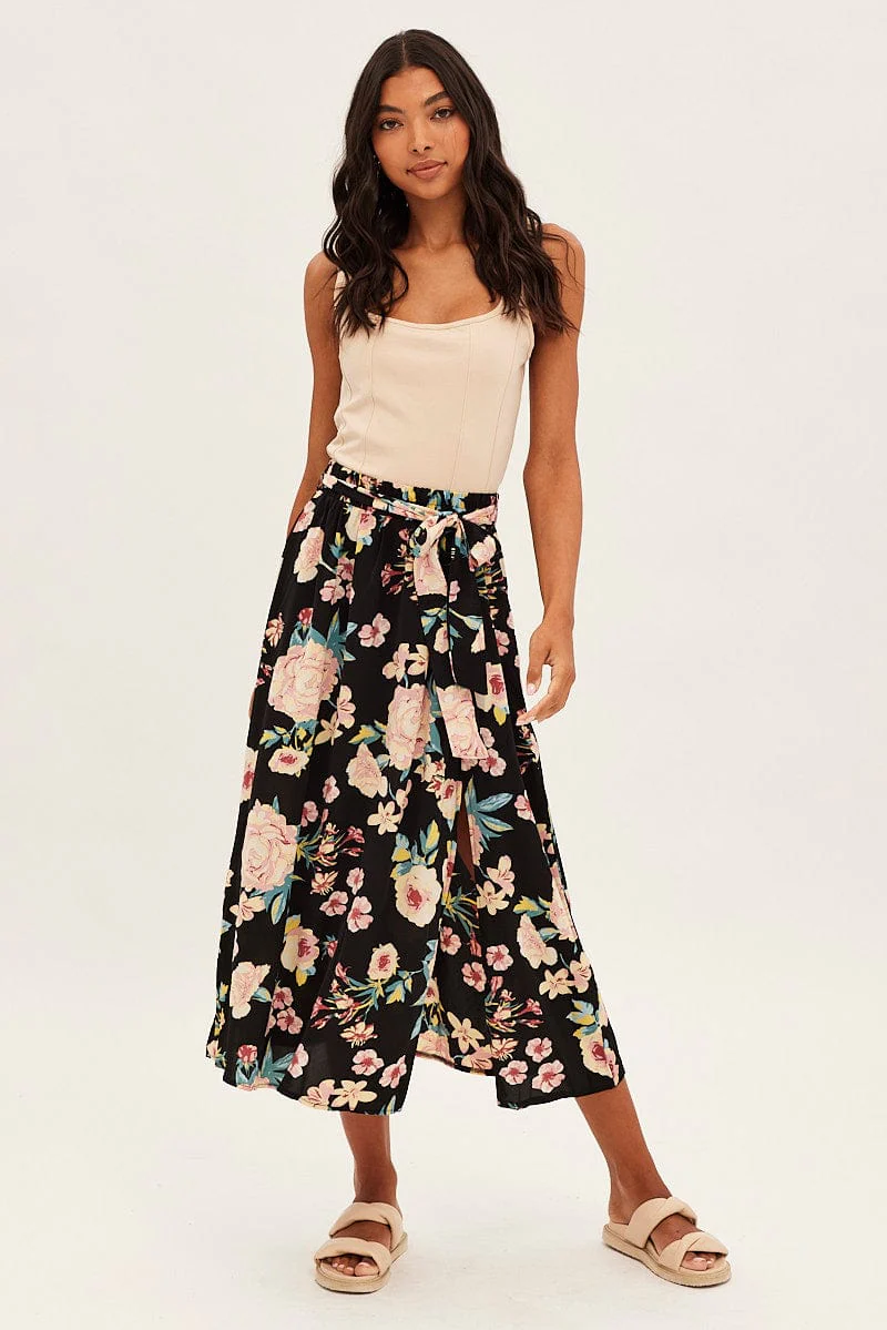Black Floral High Waist Front Slit Floral Midi Skirt