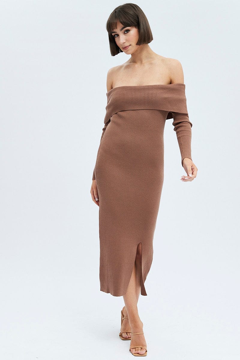 Brown Midi Dress Long Sleeve Off Shoulder Bardot Knit