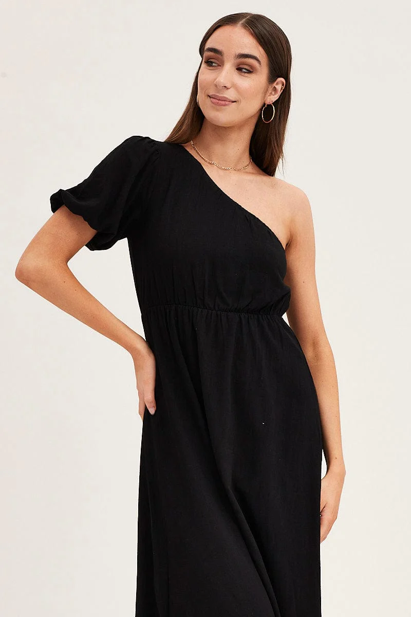 Black One Shoulder Midi Dress