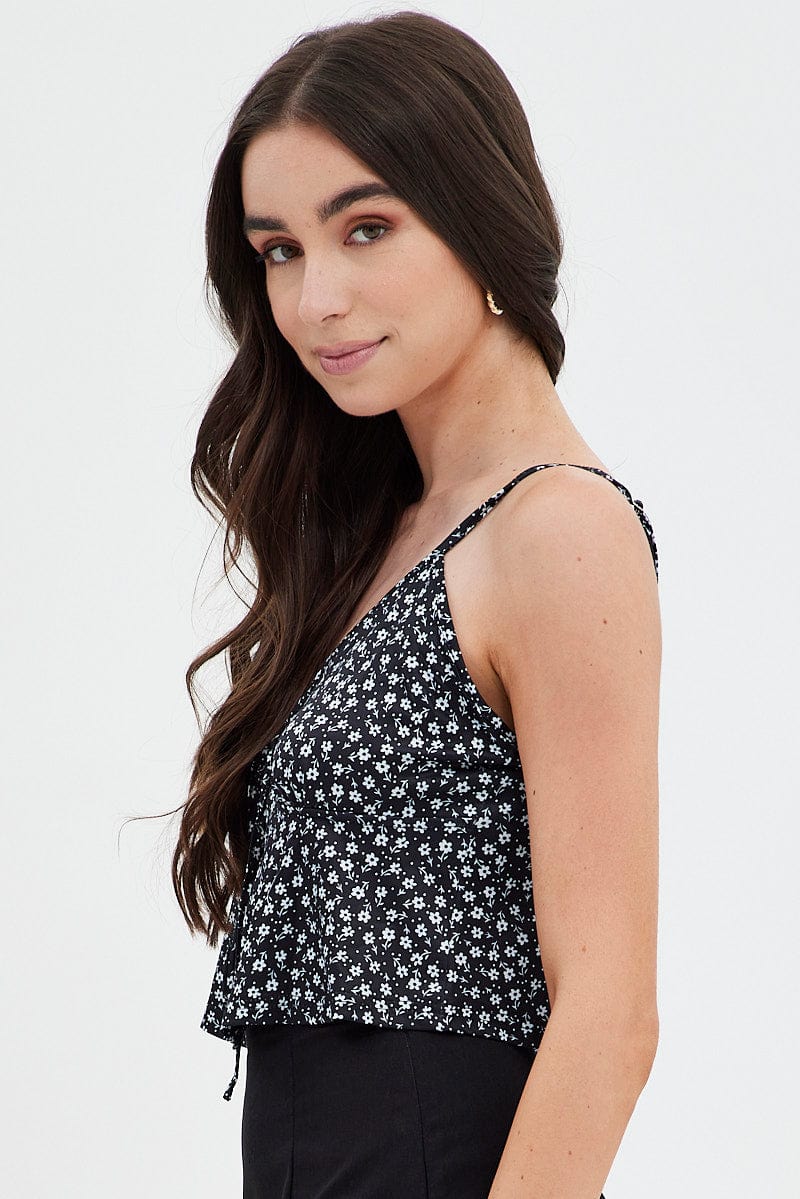 Black Print Tie Front Top