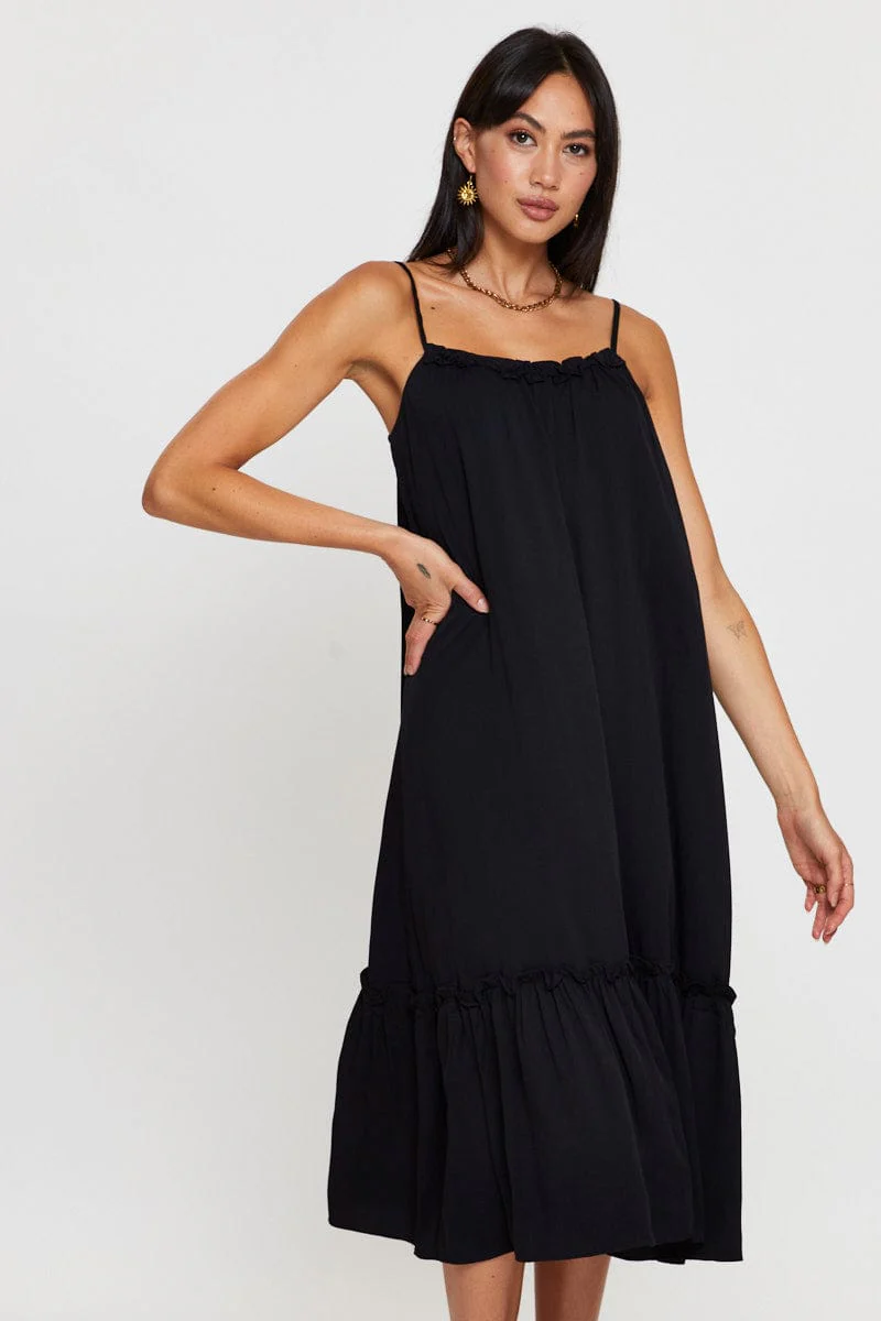 Black A Line Dress Sleeveless Midi