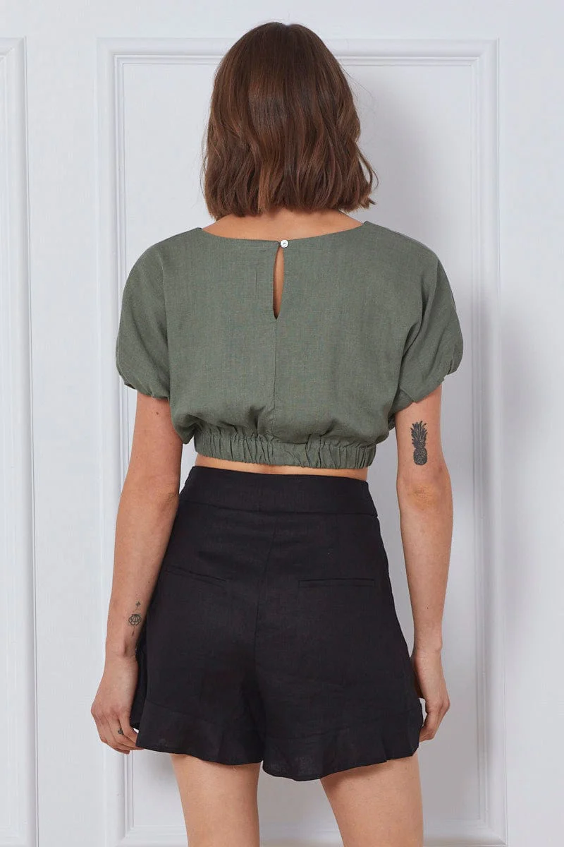 Black High Rise Shorts Linen