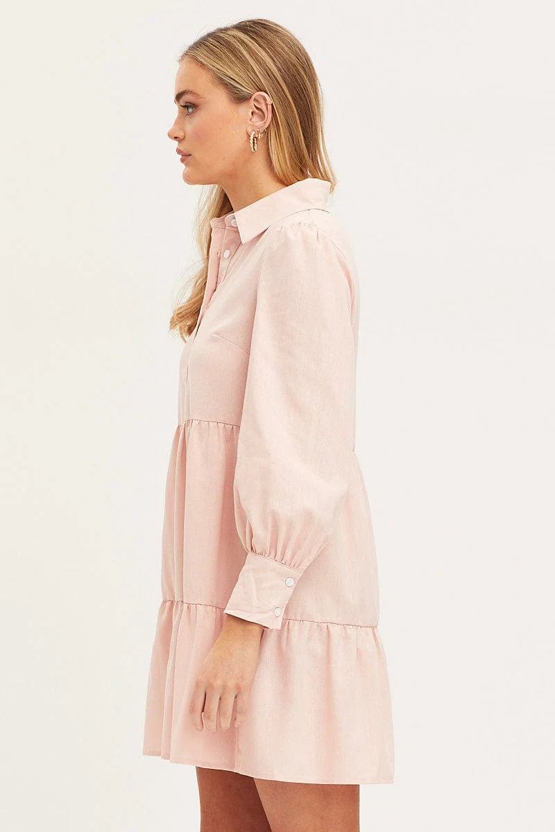 Pink Shirt Dress Long Sleeve Button Front