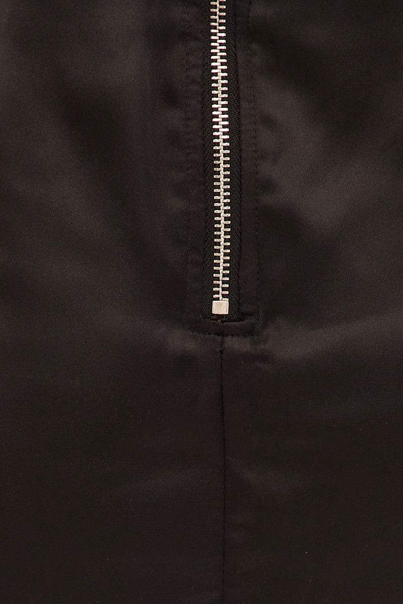 Black Mini Skirt High Waisted Side Slit Party Satin