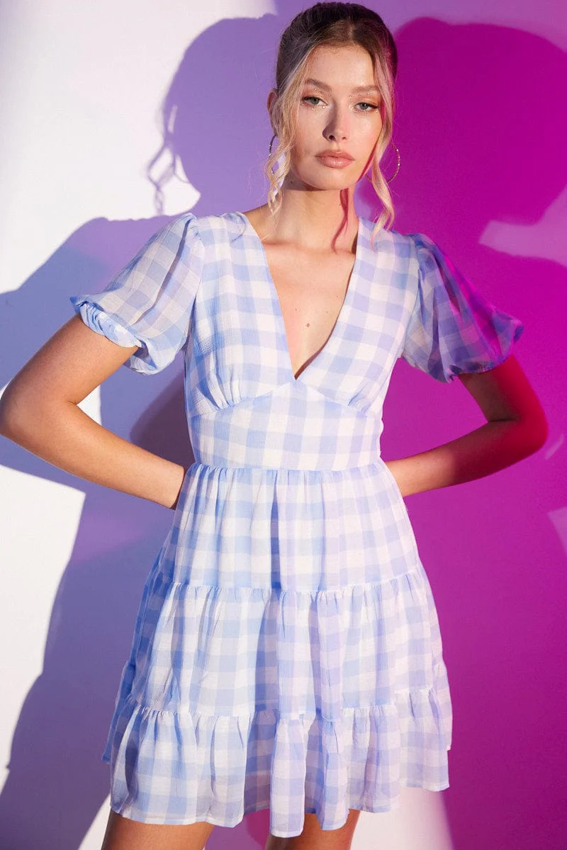 Check Mini Dress V Neck