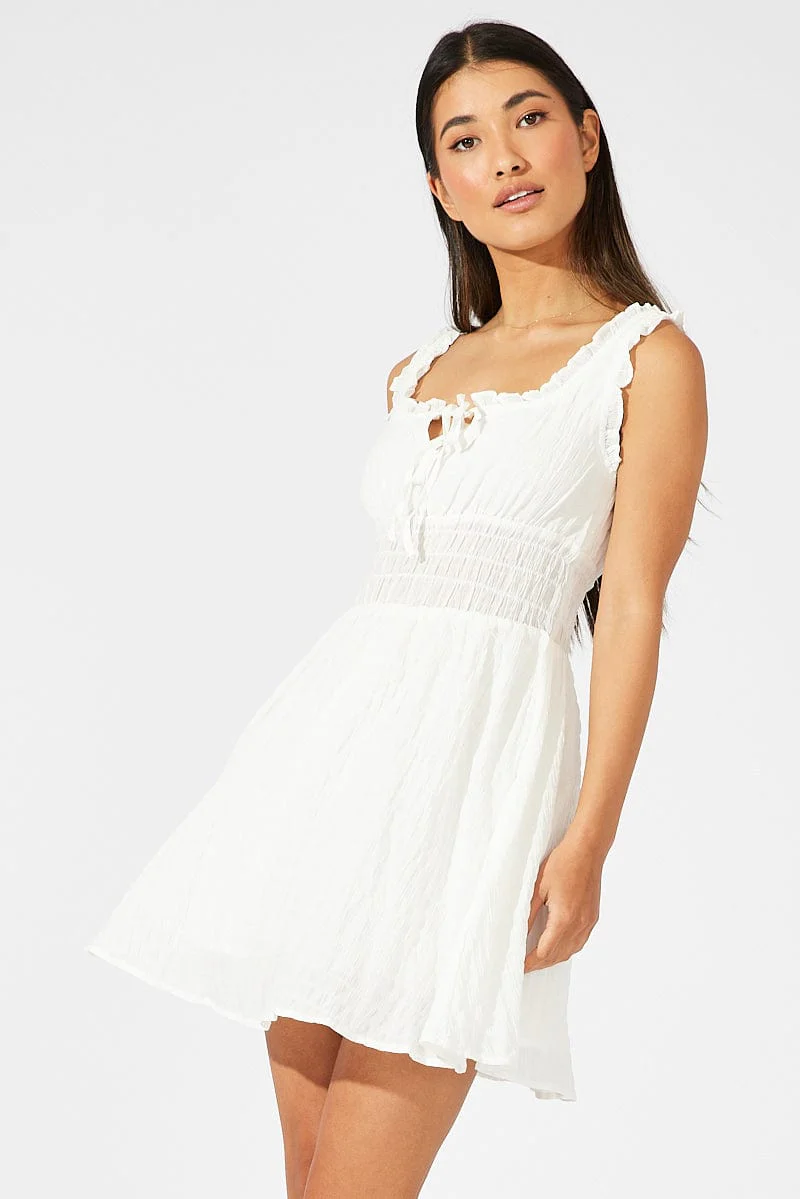 White Fit and Flare Dress Sleeveless Shirred Waist