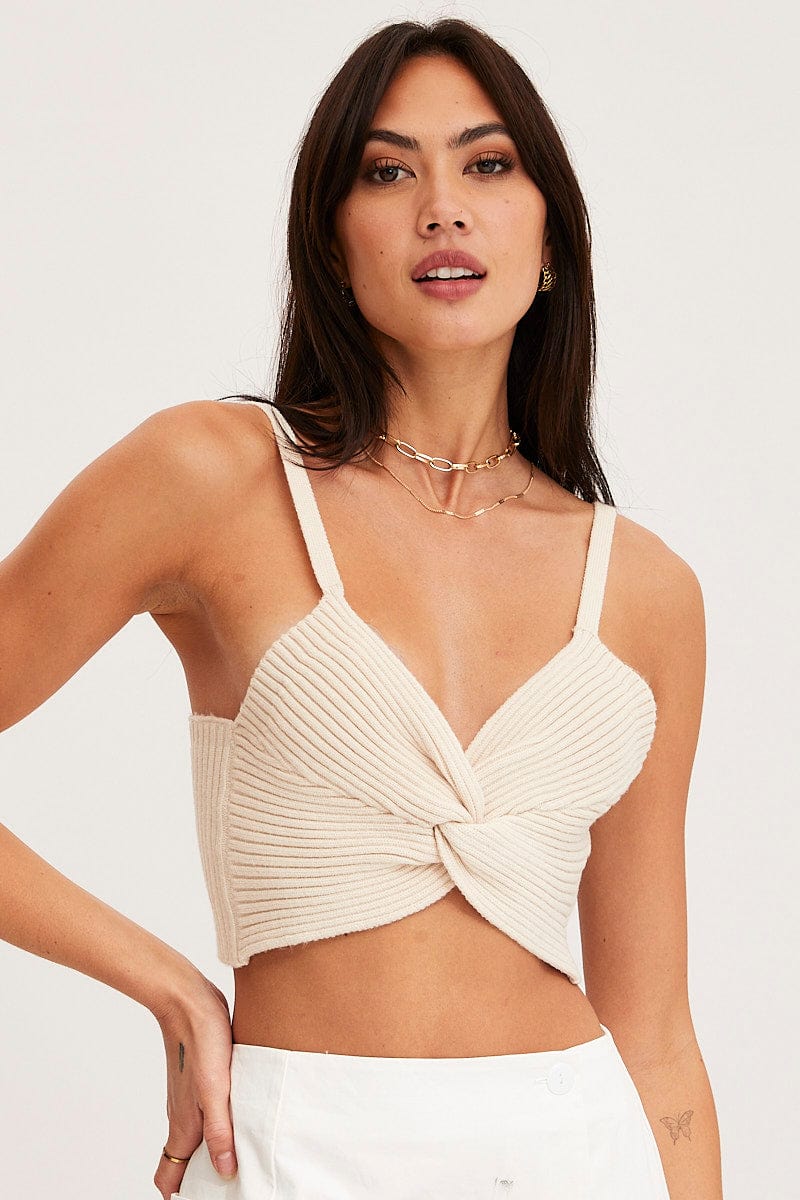 Beige Knit Top Sleeveless Crop Cross Over