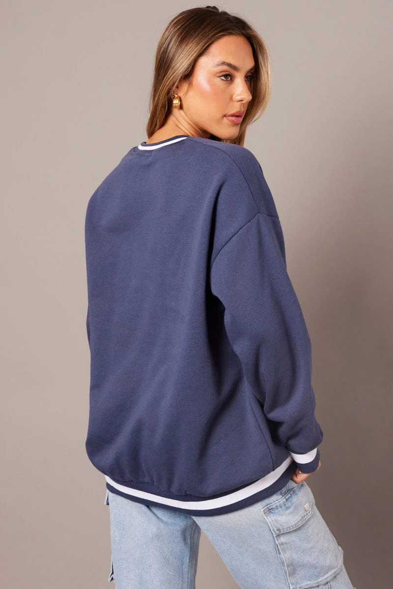 Blue Graphic Sweater Long Sleeve