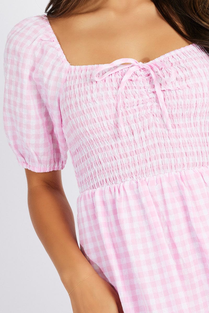 Pink Check Maxi Dress Short Sleeve Shirred