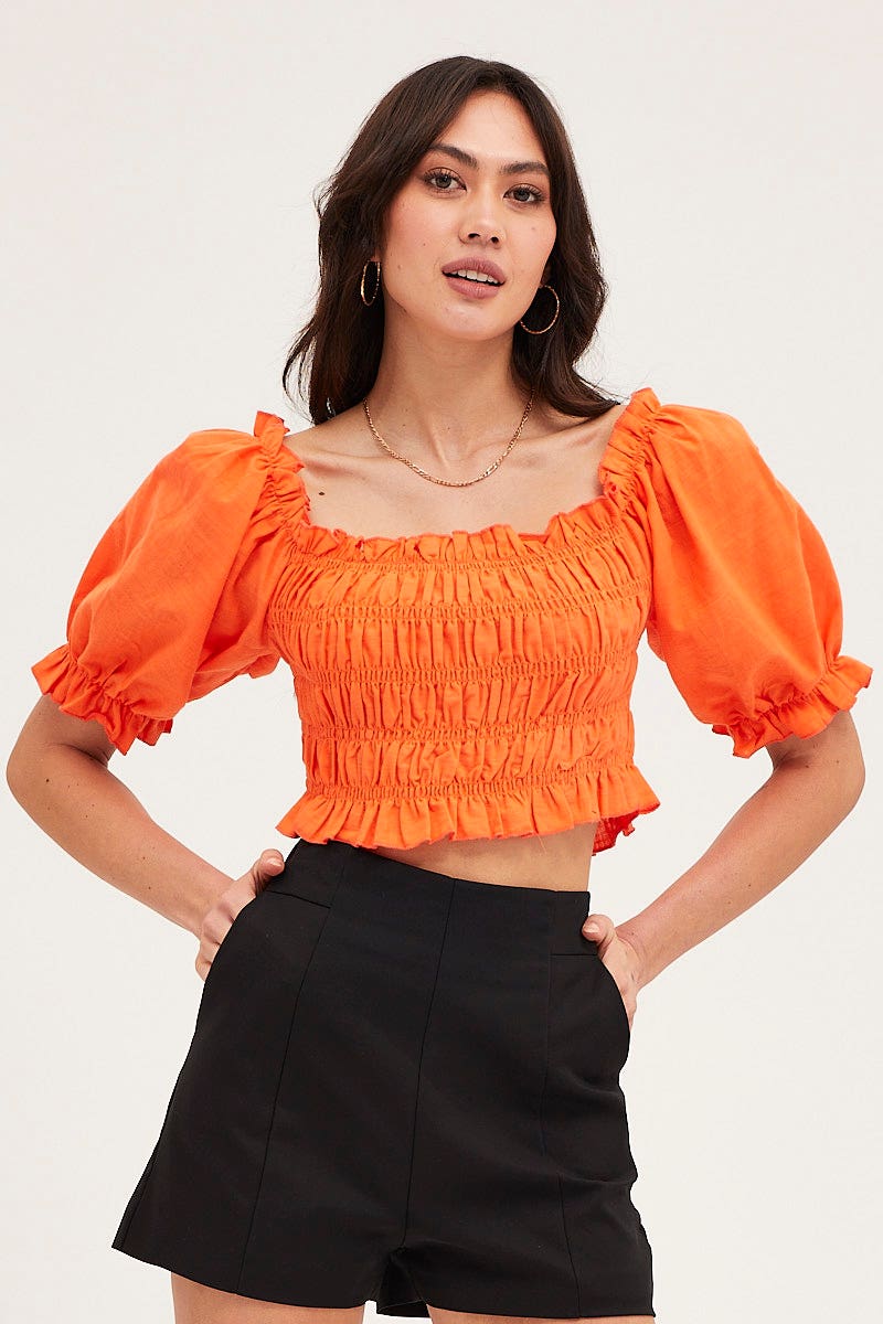 Orange Crop Top Short Sleeve Shirred