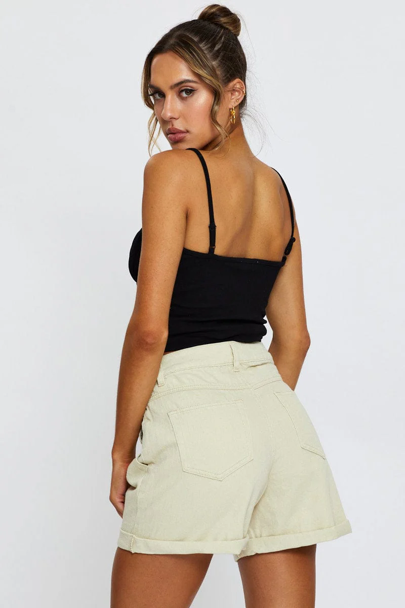 Beige Relaxed Denim Shorts High Rise