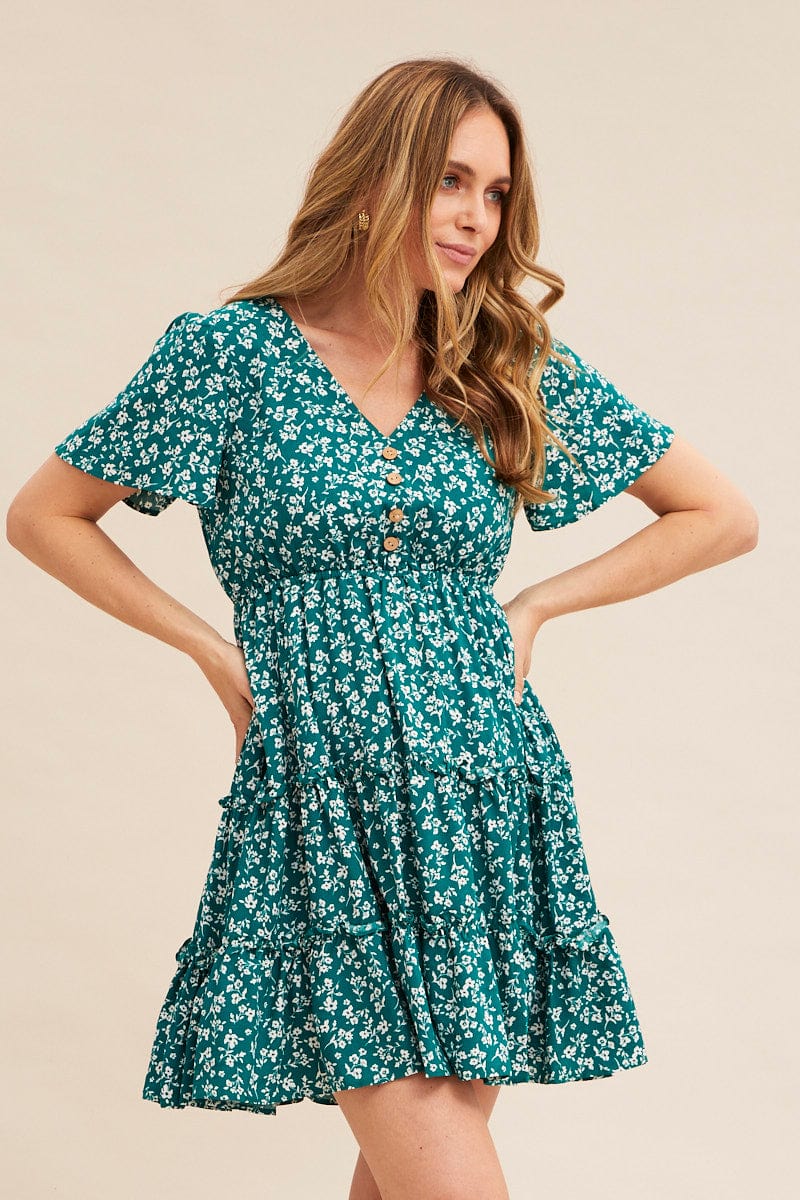 Green Ditsy Short Sleeve Floral Mini Skater Dress