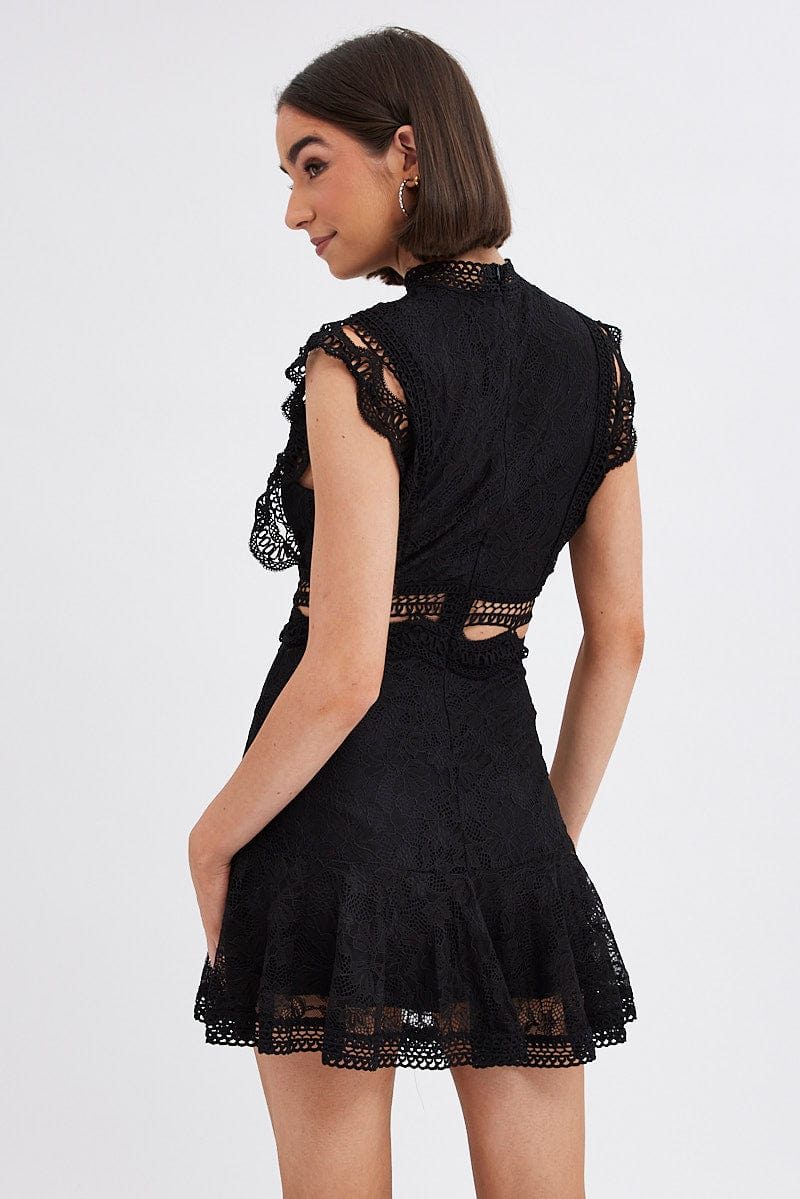 Black Dress Sleeveless Mini High Neck Lace
