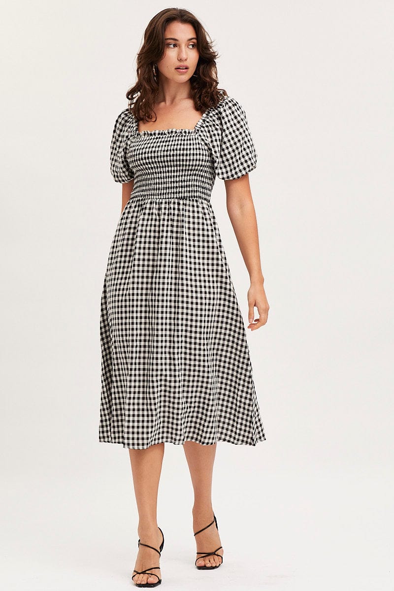 Check Midi Dress Short Sleeve Square Neck