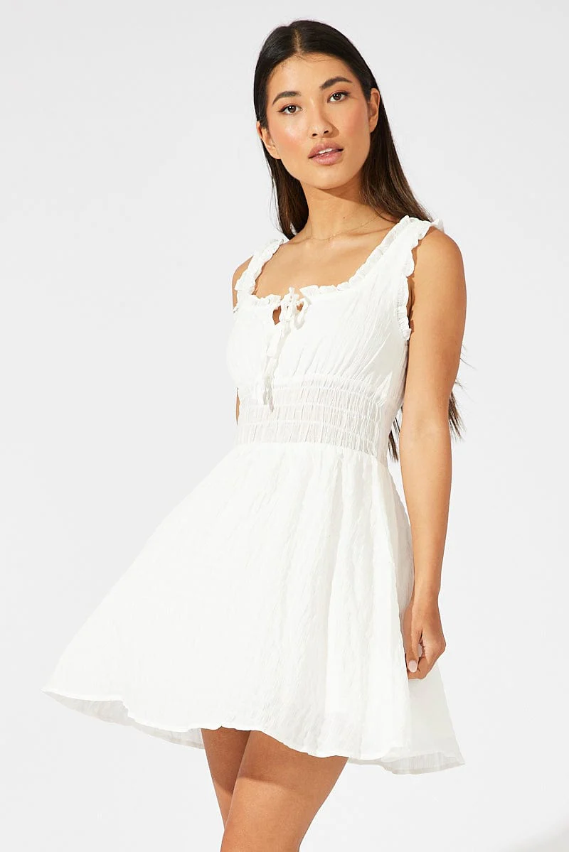 White Fit and Flare Dress Sleeveless Shirred Waist