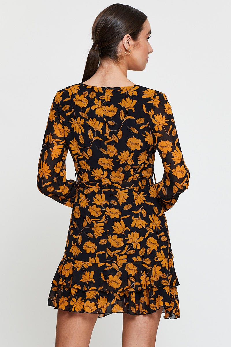 Print Mini Dress Long Sleeve Evening