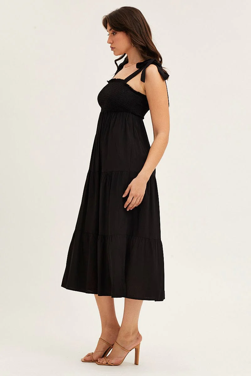 Black Tied Shoulder Tiered Midi Dress