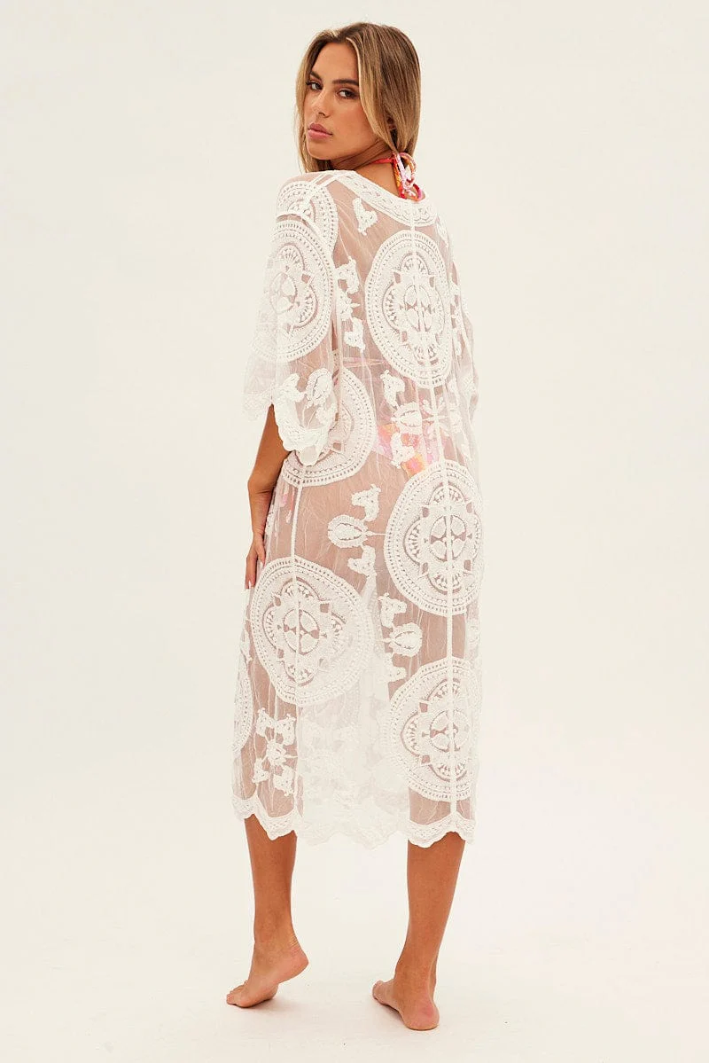 White Lace Kimono Half Sleeve Tie Front Longline