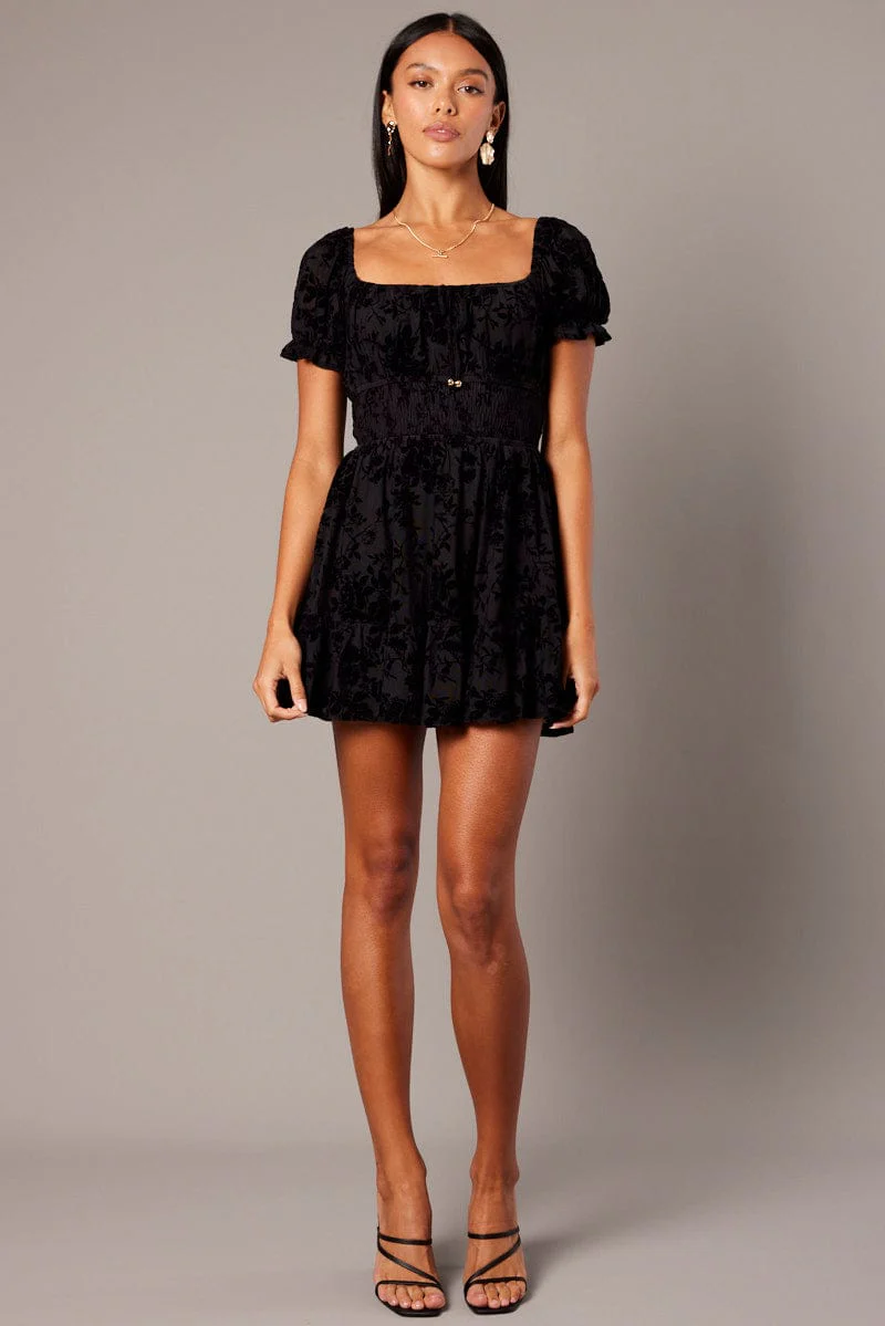 Black Fit And Flare Dress Puff Sleeve Mini Burn Out