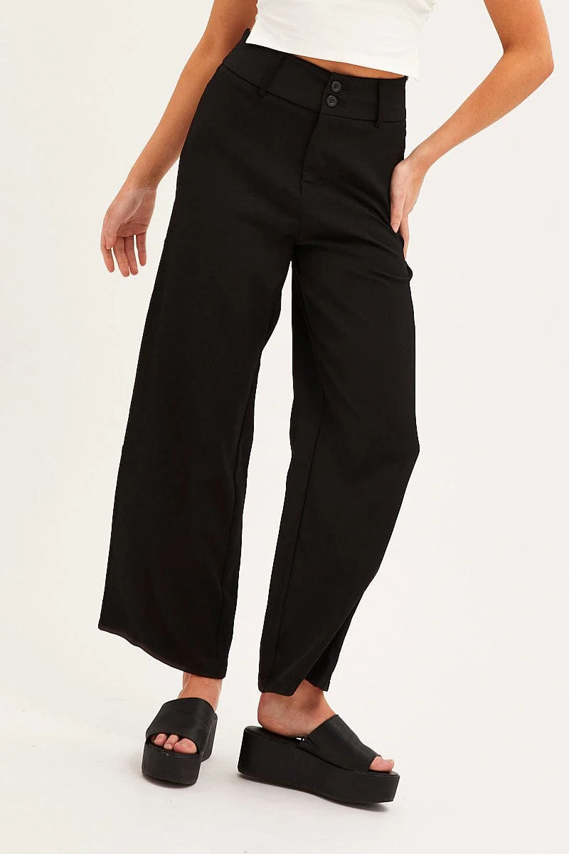 Black Mid Rise Pant Tailored Wide Leg
