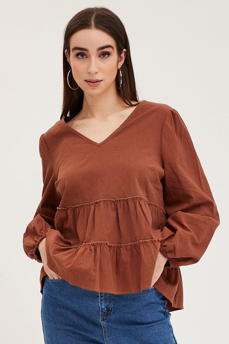 Brown Ruffle Top Long Sleeve