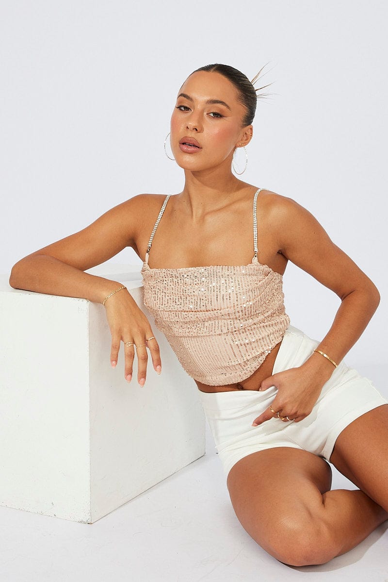 Metallic Sequins Cami Cowl Neck Crop