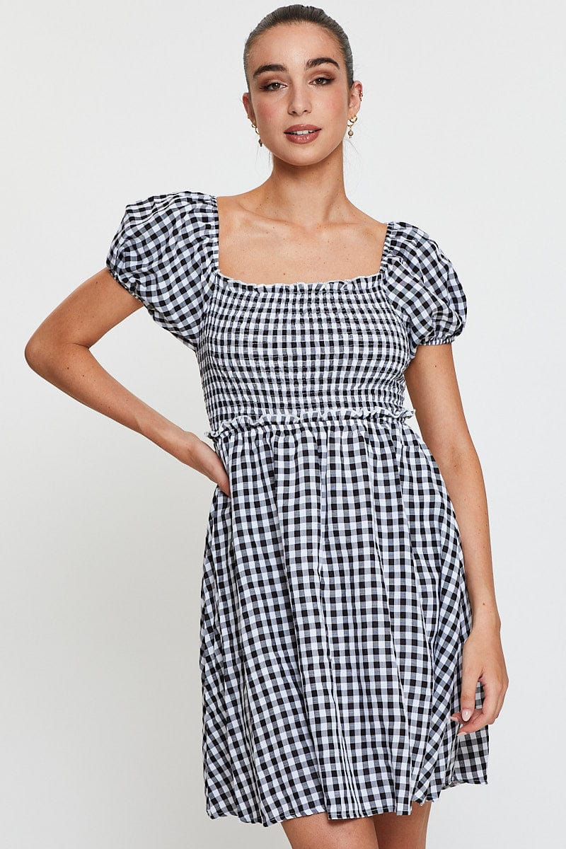 Check Mini Dress Short Sleeve Square Neck