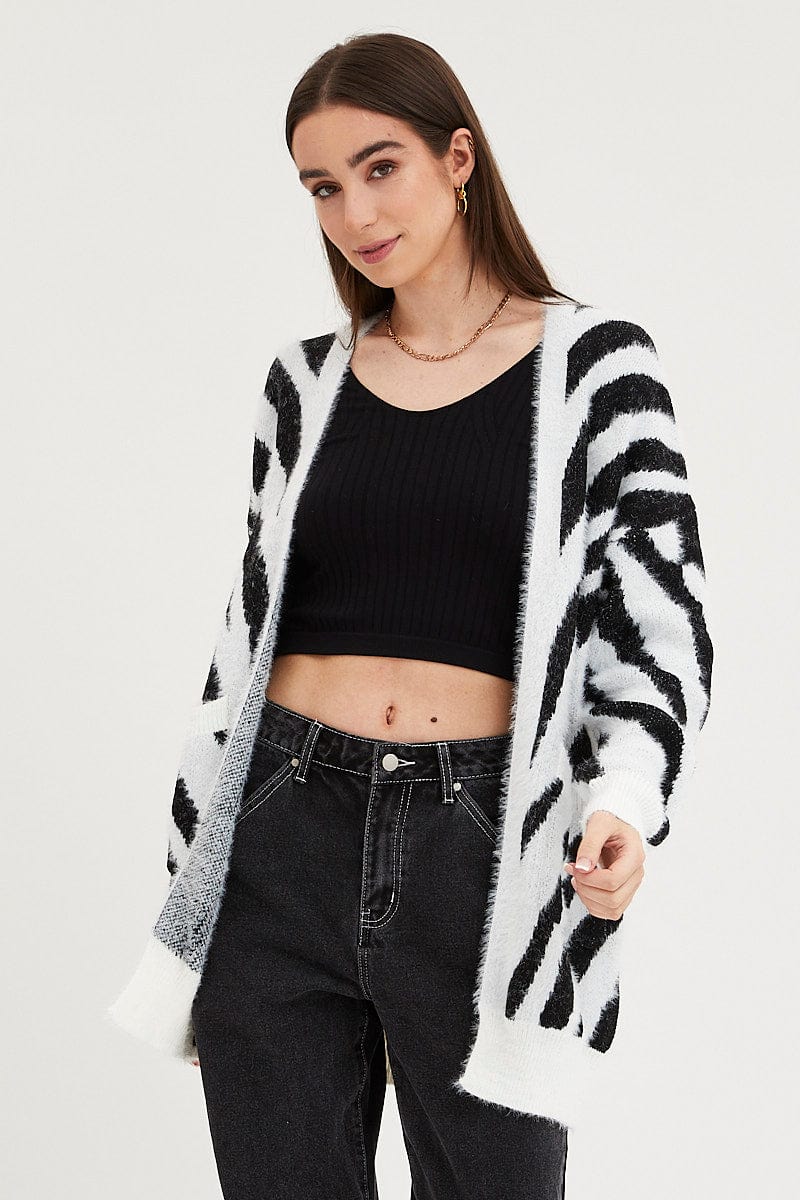 Print Knit Cardigan Long Sleeve Longline