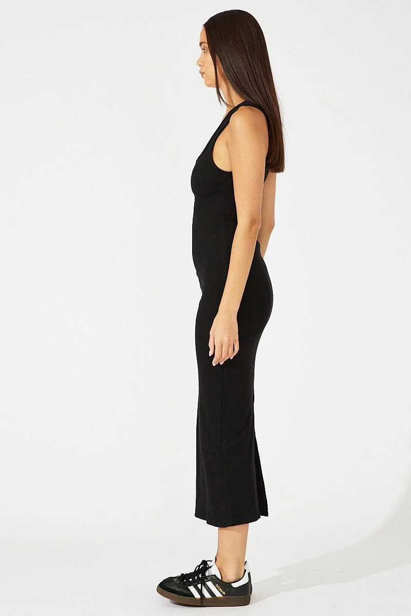 Black Midi Dress Sleeveless Bodycon Rib