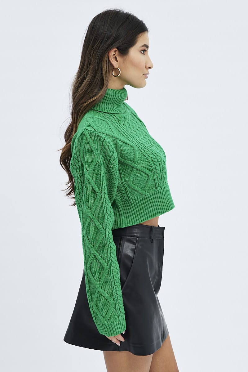 Green Cable Knit Jumper Turtle Neck