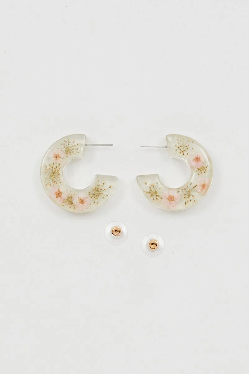 Print Trapped Flower Clear Plastic Hoop Earrings