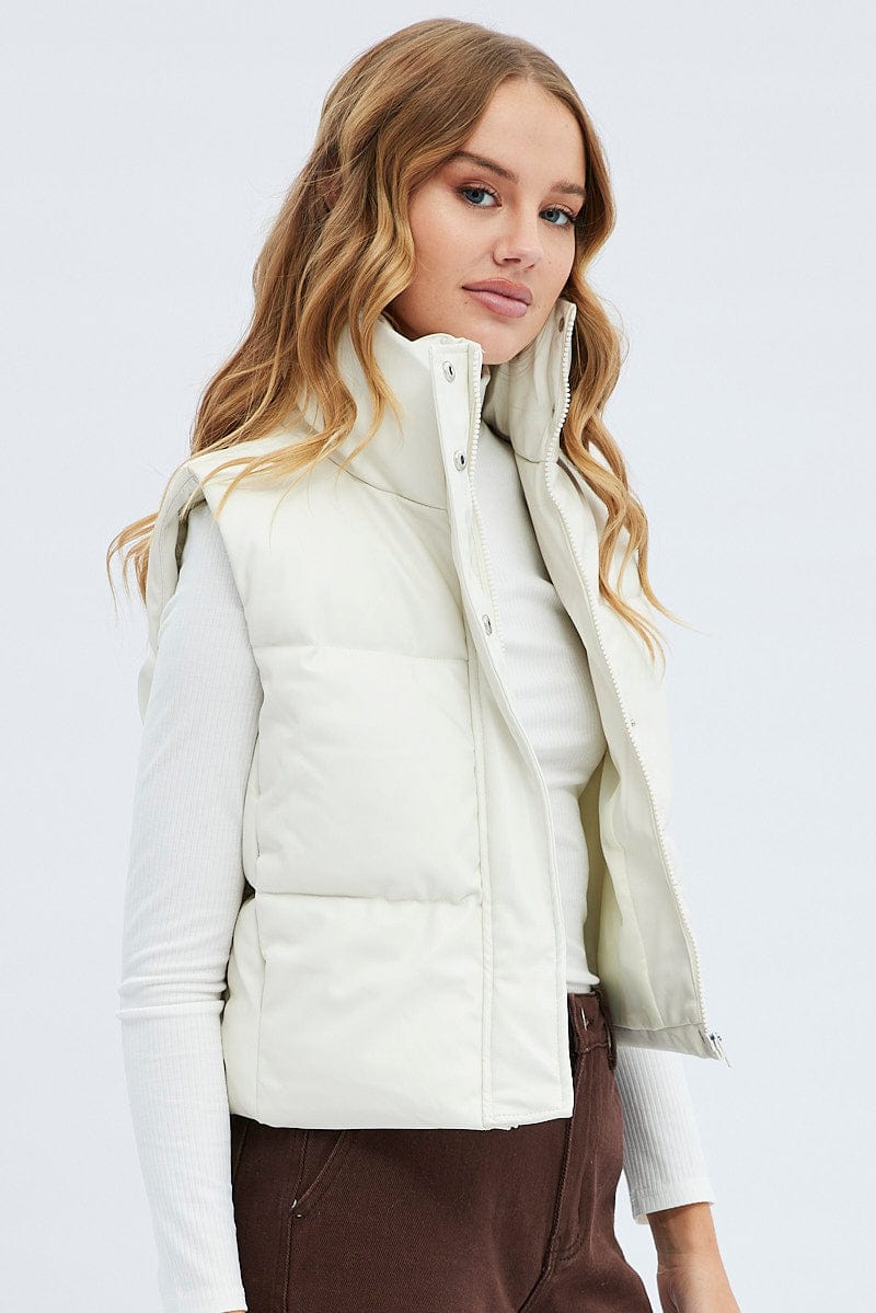 White Puffer Zip Sleeveless  Faux Leather