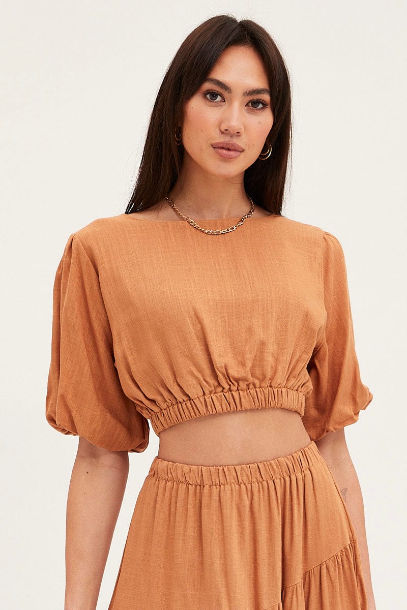 Beige Crop Top Puff Sleeve