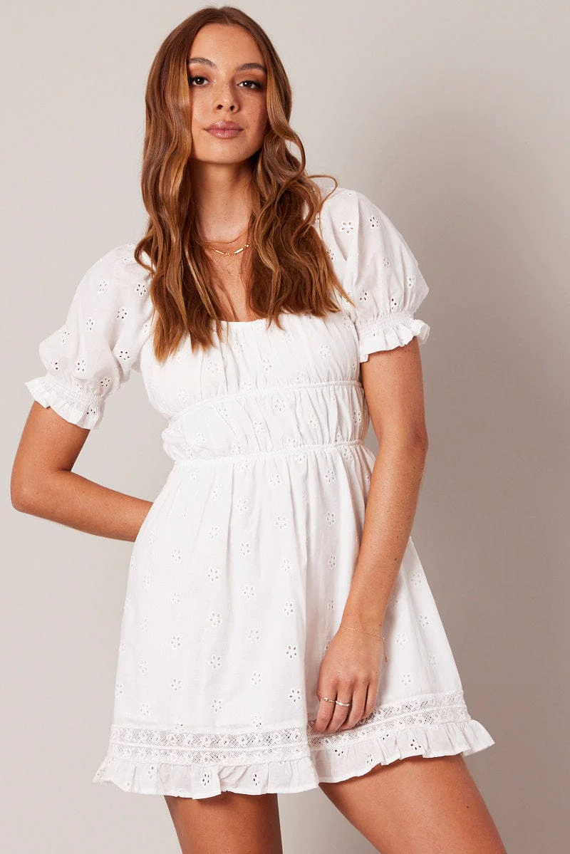 White Fit And Flare Dress Puff Sleeve