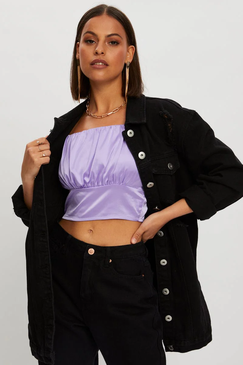 Purple Ruched Satin Crop Cami Top